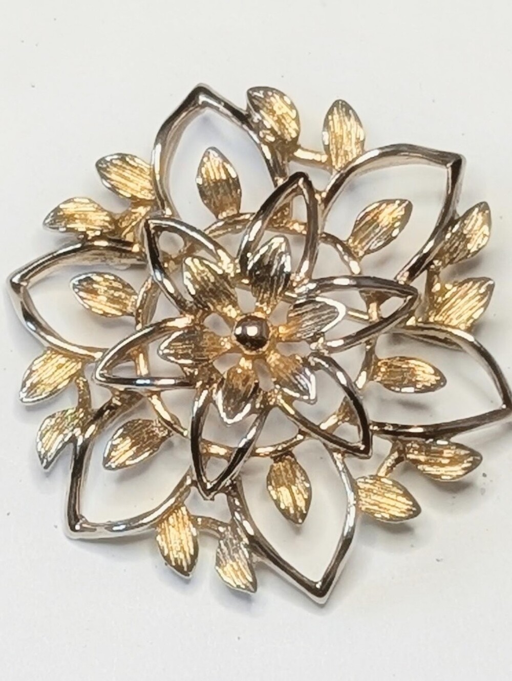 Sarah Coventry Peta-Lure Flower Brooch Gold Tone Textured Openwork Floral Pin